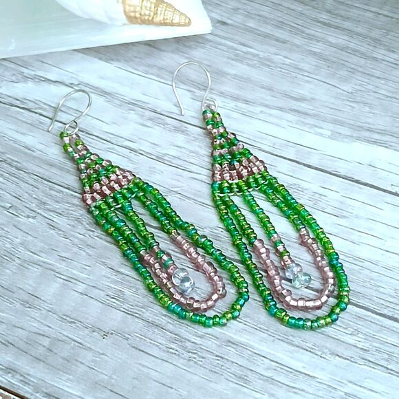Boho Chic Beaded Dangle Earrings, Pink & Green, Seed Bead Jewelry, 3.5" - Picture 3 of 9